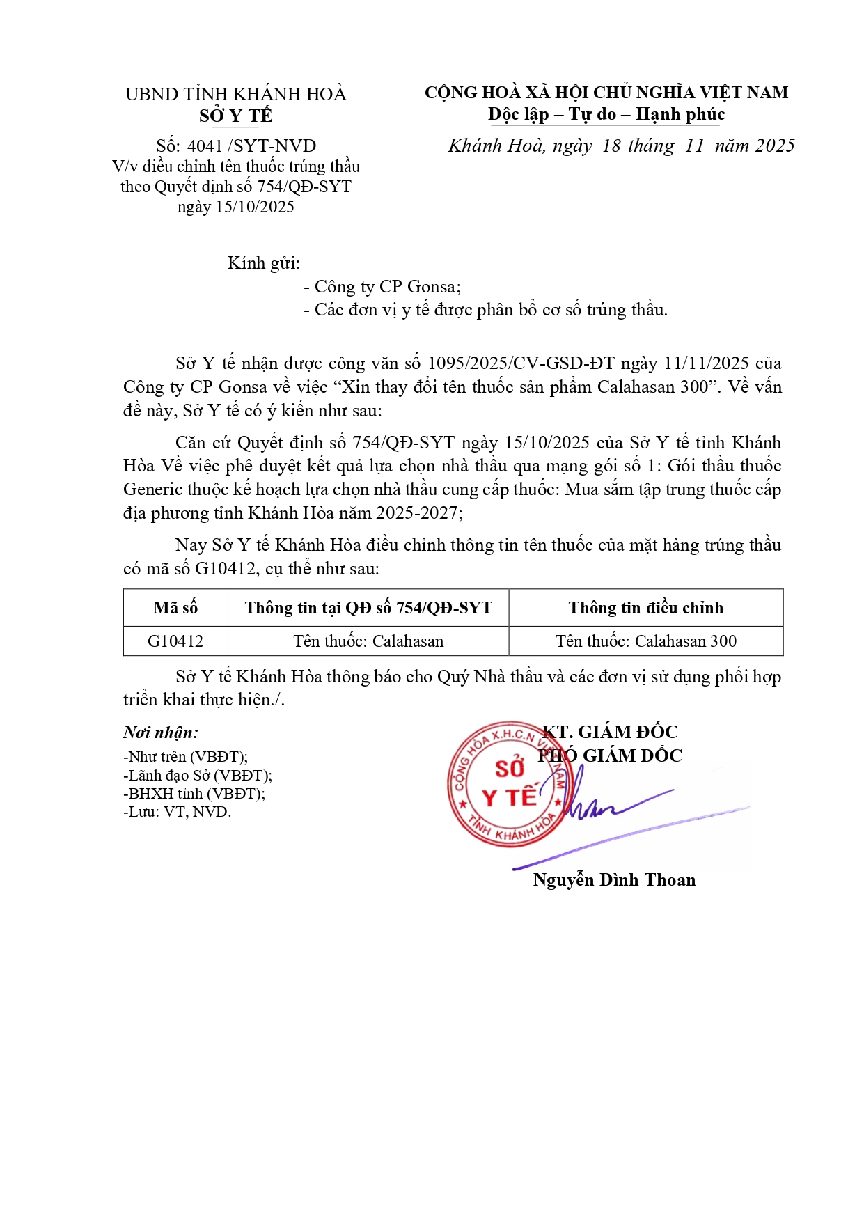 V/v điều chỉnh tên thuốc trúng thầu theo Quyết định số 754/QĐ-SYT ngày 15/10/2025